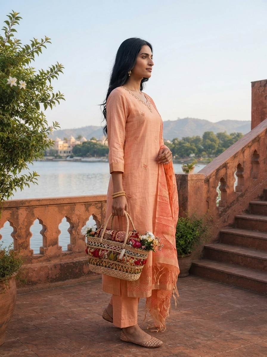 Peach Chanderi Silk Maple Leaf Weaved Three Piece Set