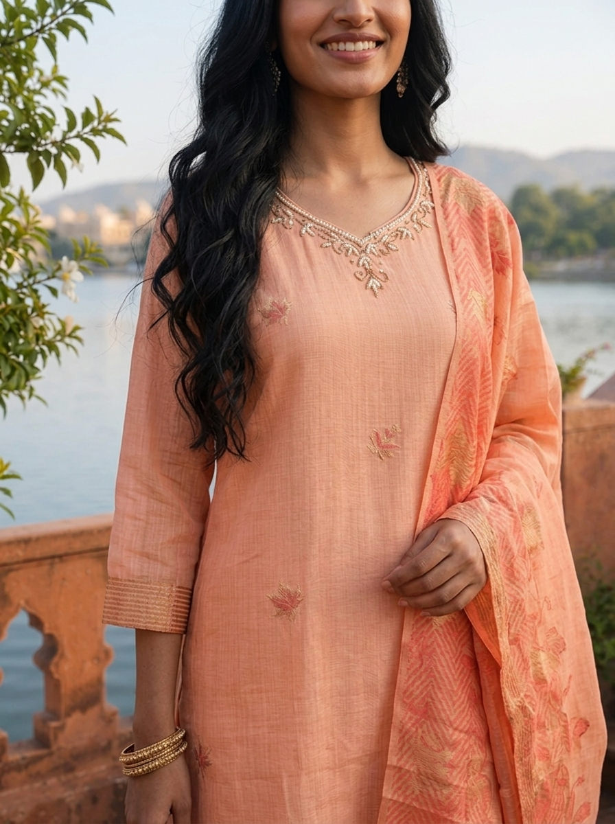 Peach Chanderi Silk Maple Leaf Weaved Three Piece Set