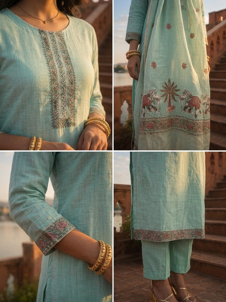 Ice Blue Chanderi Silk Pichwai Motif Weaved Three Piece Set