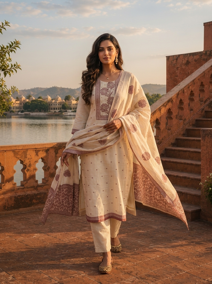 Cream Chanderi Silk Mauve Floral Thread Embroidered Three Piece Set