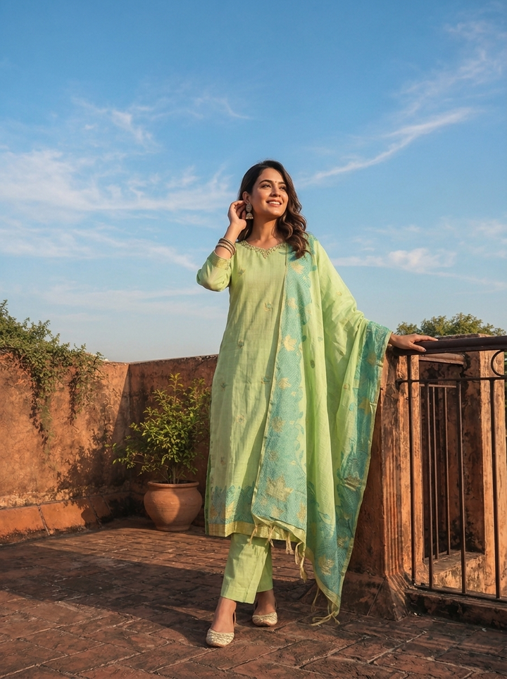 Green Chanderi Silk Maple Leaf Weaved Three Piece Set