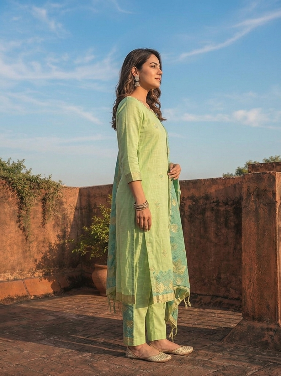 Green Chanderi Silk Maple Leaf Weaved Three Piece Set