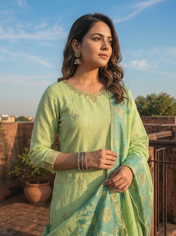 Green Chanderi Silk Maple Leaf Weaved Three Piece Set