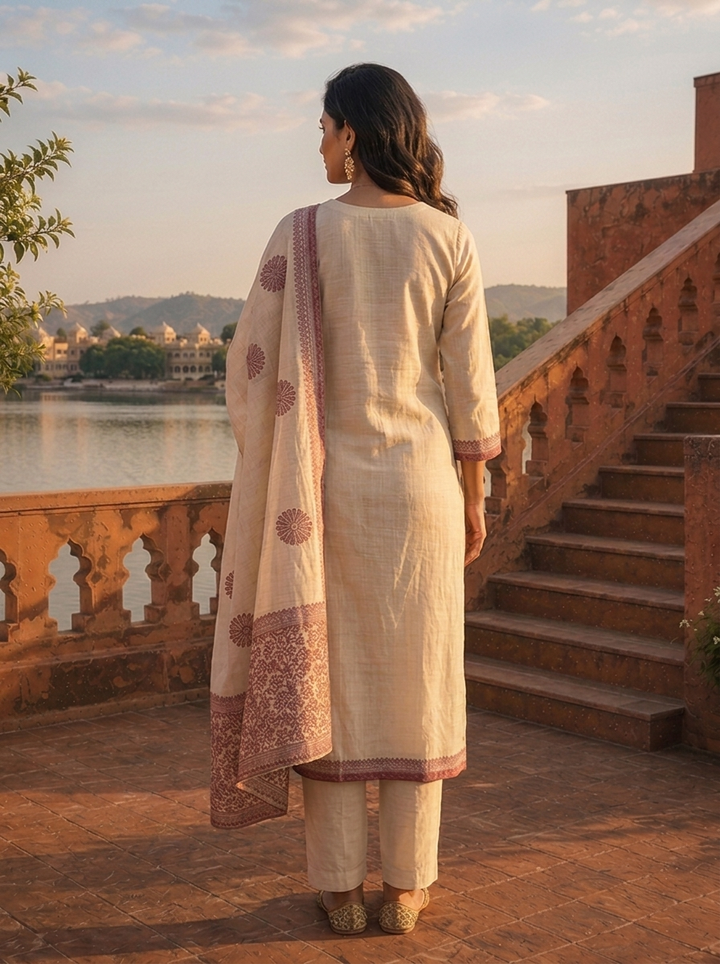 Cream Chanderi Silk Mauve Floral Thread Embroidered Three Piece Set