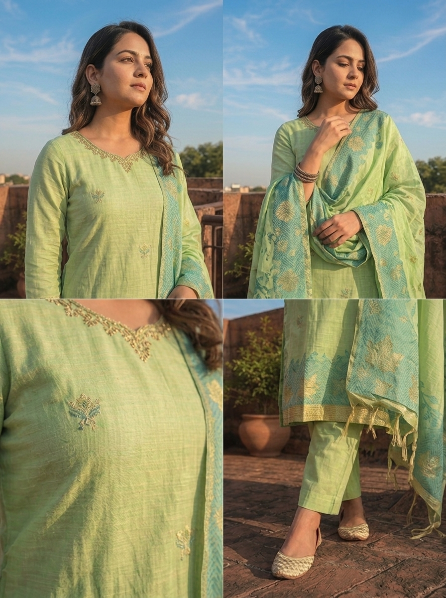 Green Chanderi Silk Maple Leaf Weaved Three Piece Set
