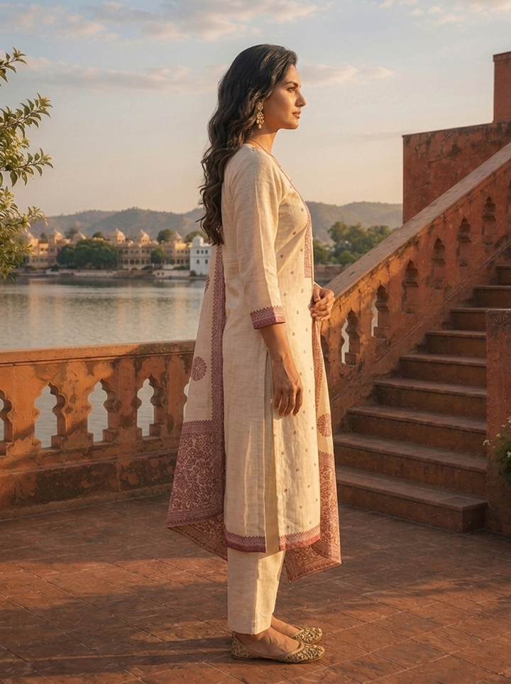 Cream Chanderi Silk Mauve Floral Thread Embroidered Three Piece Set