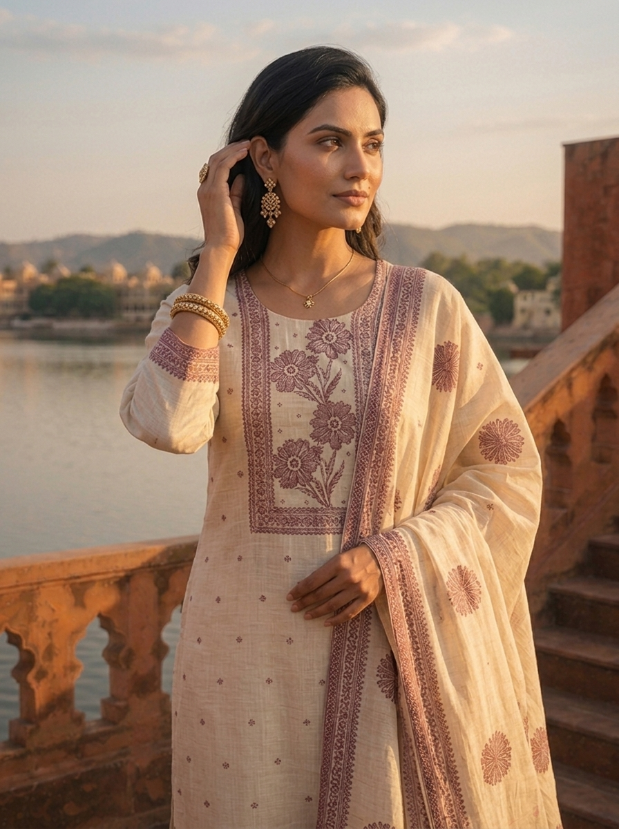 Cream Chanderi Silk Mauve Floral Thread Embroidered Three Piece Set