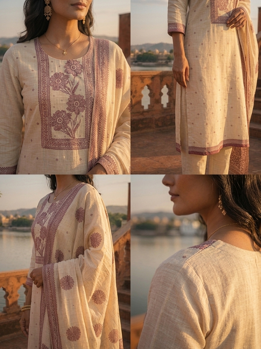 Cream Chanderi Silk Mauve Floral Thread Embroidered Three Piece Set