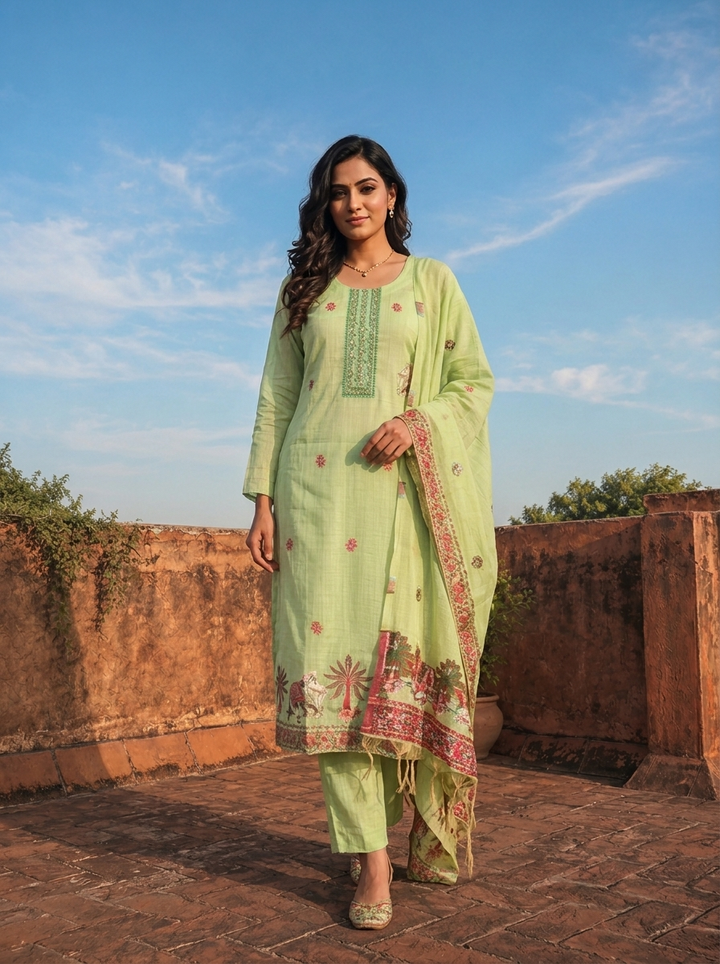 Pista Green Chanderi Silk Pichwai Motif Weaved Three Piece Set
