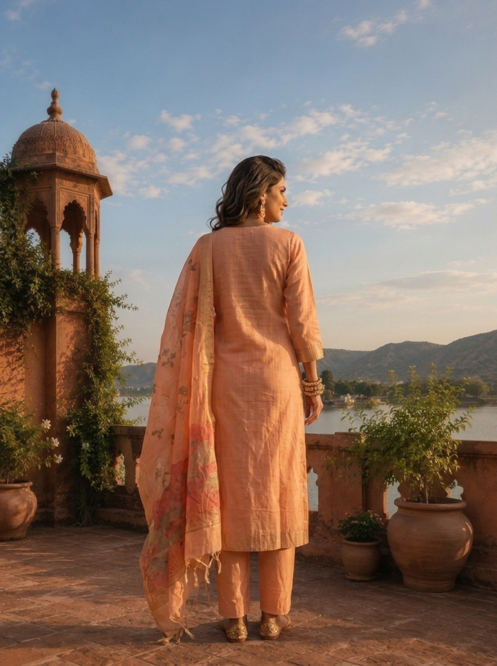 Peach Chanderi Silk Woven Botanical Motif Three Piece Set