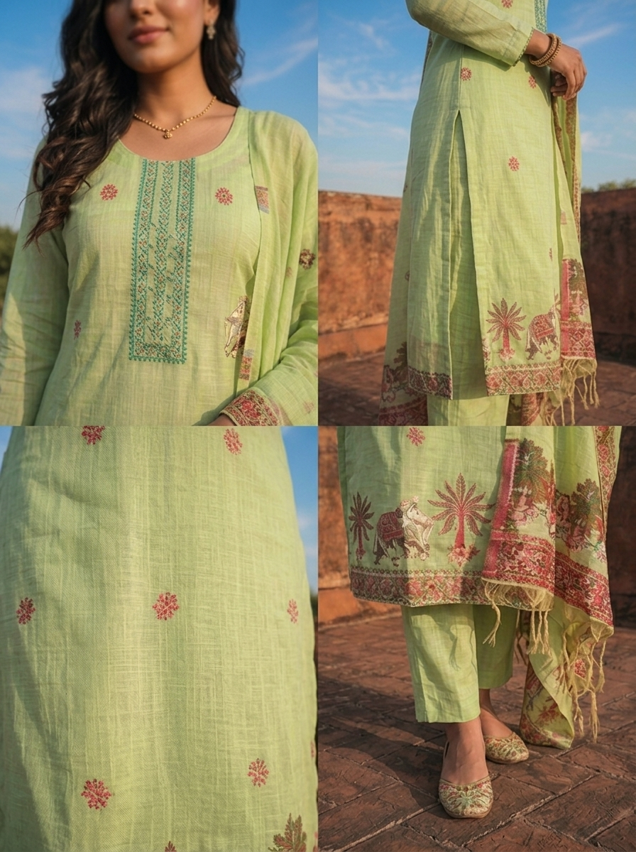 Pista Green Chanderi Silk Pichwai Motif Weaved Three Piece Set