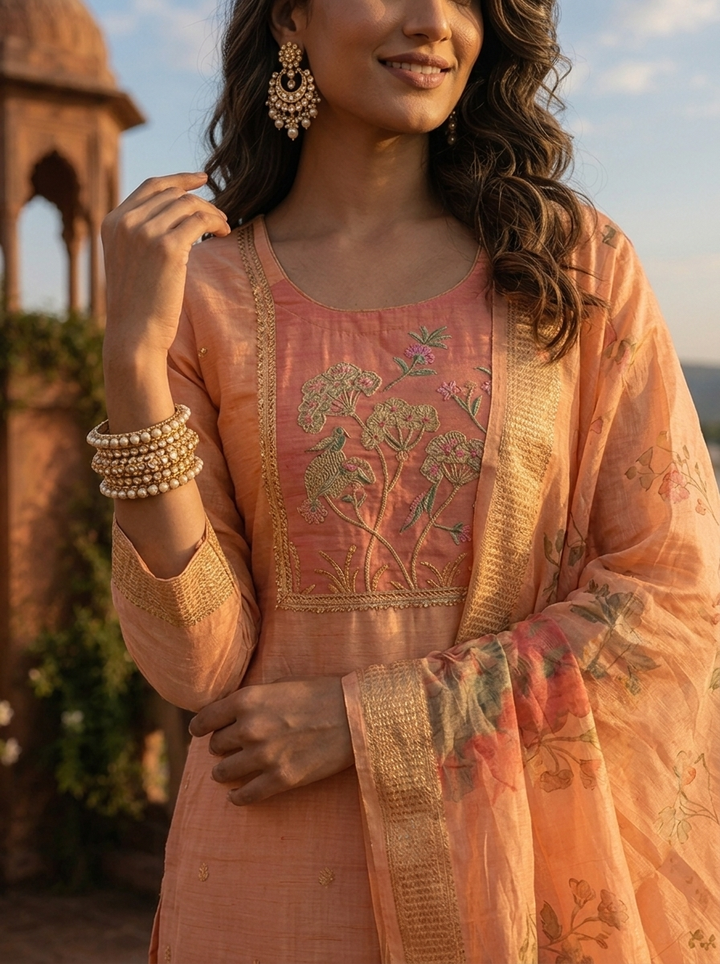 Peach Chanderi Silk Woven Botanical Motif Three Piece Set