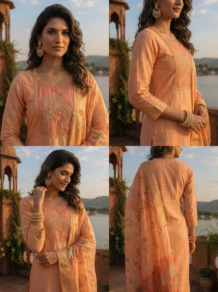 Peach Chanderi Silk Woven Botanical Motif Three Piece Set