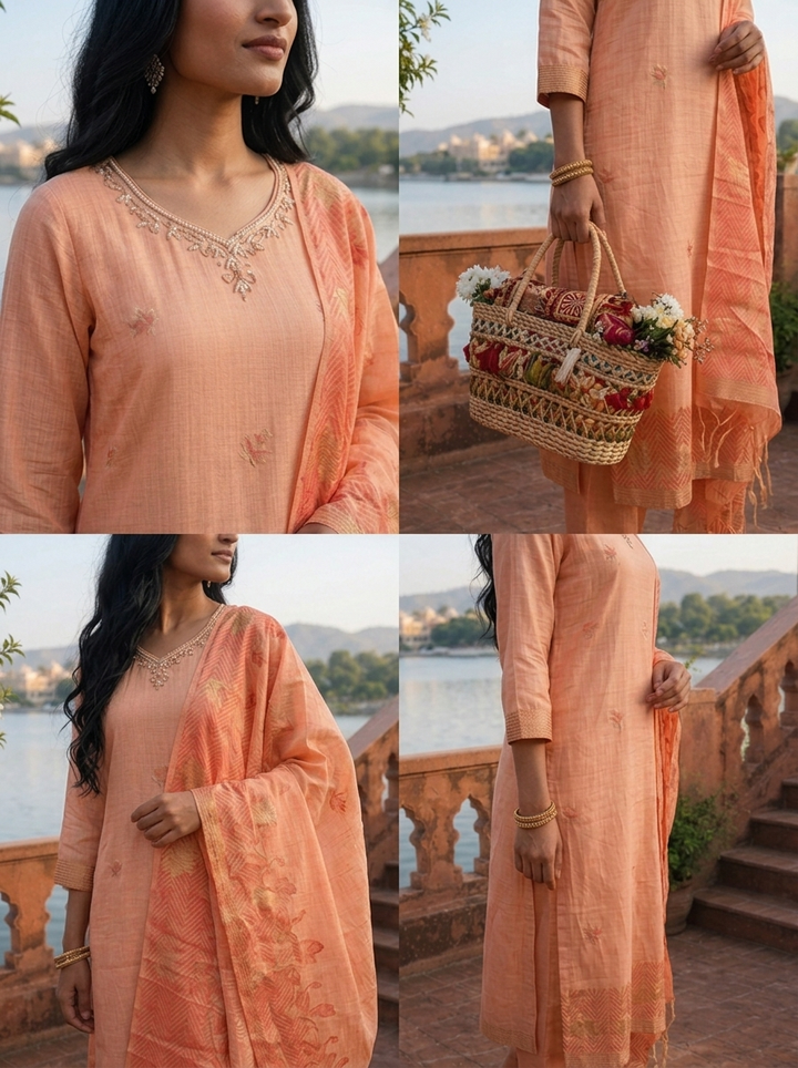 Peach Chanderi Silk Maple Leaf Weaved Three Piece Set