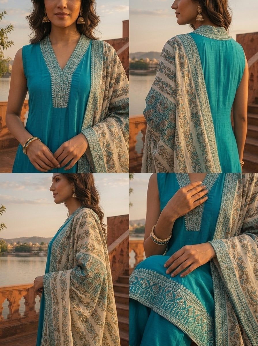 Rama Silk Zari Embroidery Three Piece Set With Floral Dupatta