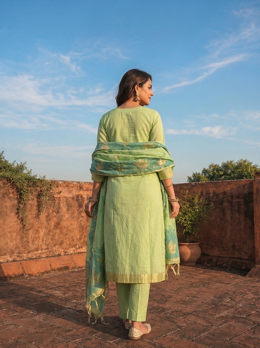 Green Chanderi Silk Maple Leaf Weaved Three Piece Set