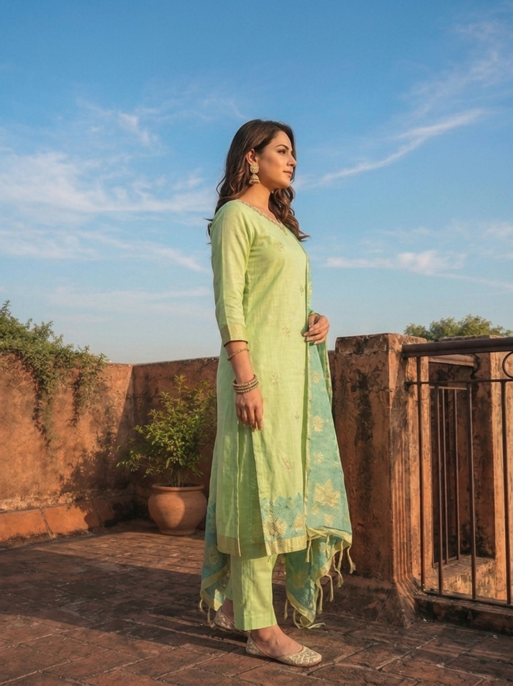 Green Chanderi Silk Maple Leaf Weaved Three Piece Set