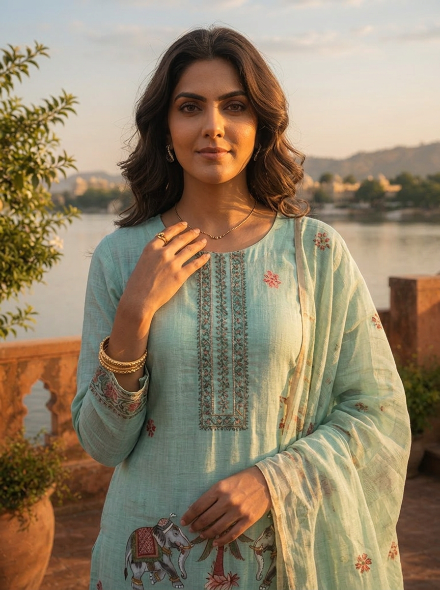 Ice Blue Chanderi Silk Pichwai Motif Weaved Three Piece Set
