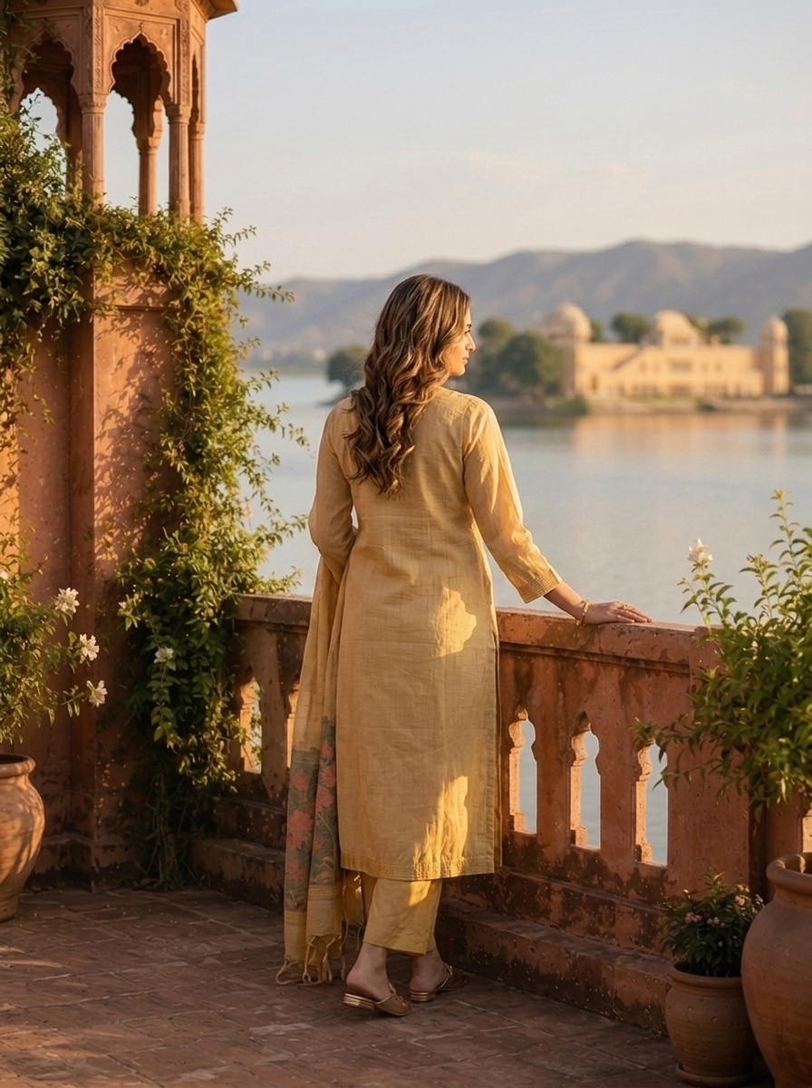 Gold Chanderi Silk Woven Botanical Motif Three Piece Set