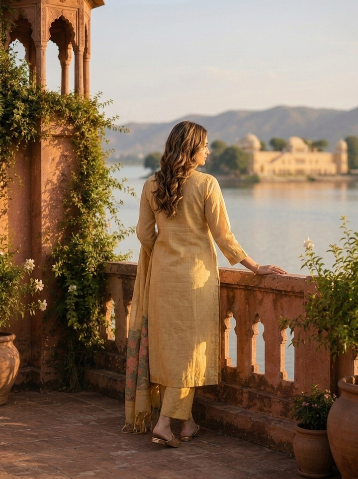 Gold Chanderi Silk Woven Botanical Motif Three Piece Set