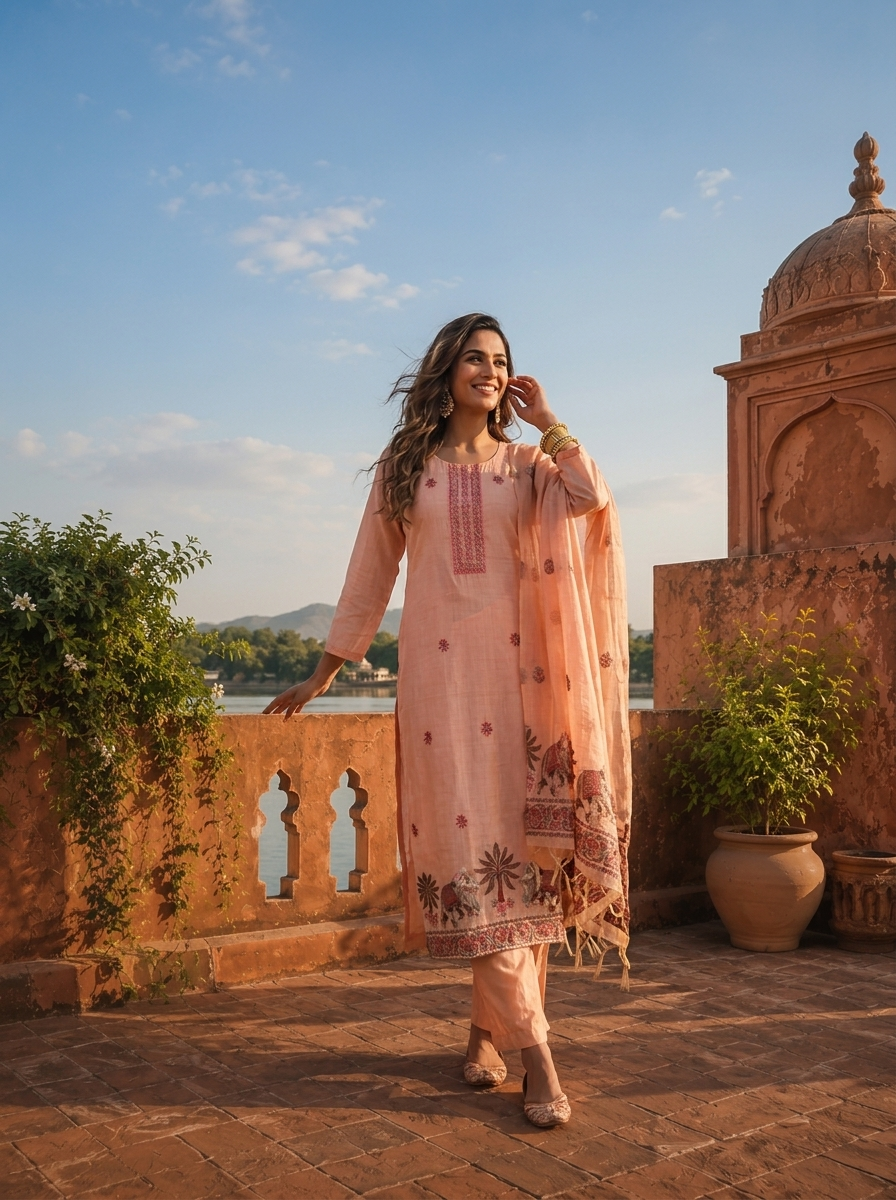 Peach Chanderi Silk Pichwai Motif Weaved Three Piece Set