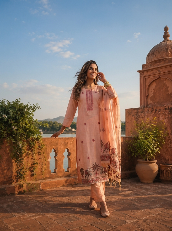 Peach Chanderi Silk Pichwai Motif Weaved Three Piece Set
