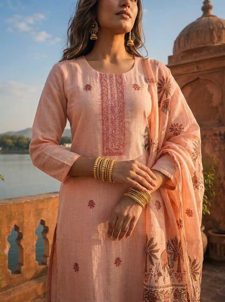 Peach Chanderi Silk Pichwai Motif Weaved Three Piece Set