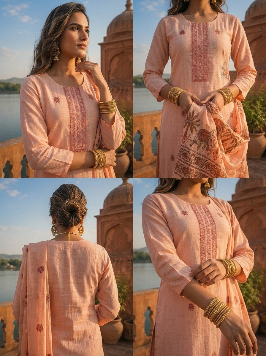 Peach Chanderi Silk Pichwai Motif Weaved Three Piece Set