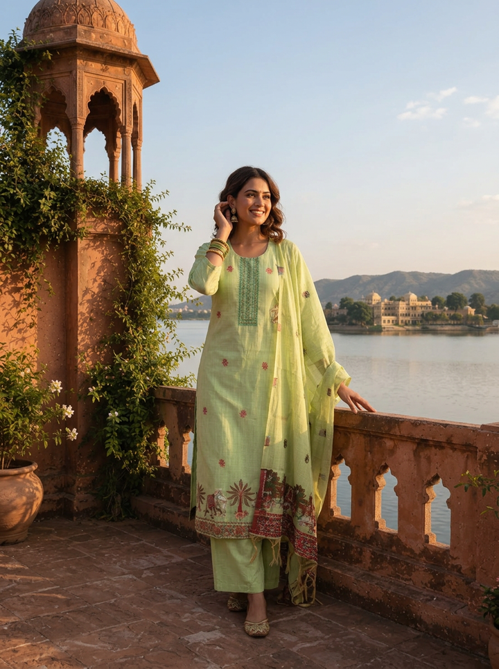 Pista Green Chanderi Silk Pichwai Motif Weaved Three Piece Set