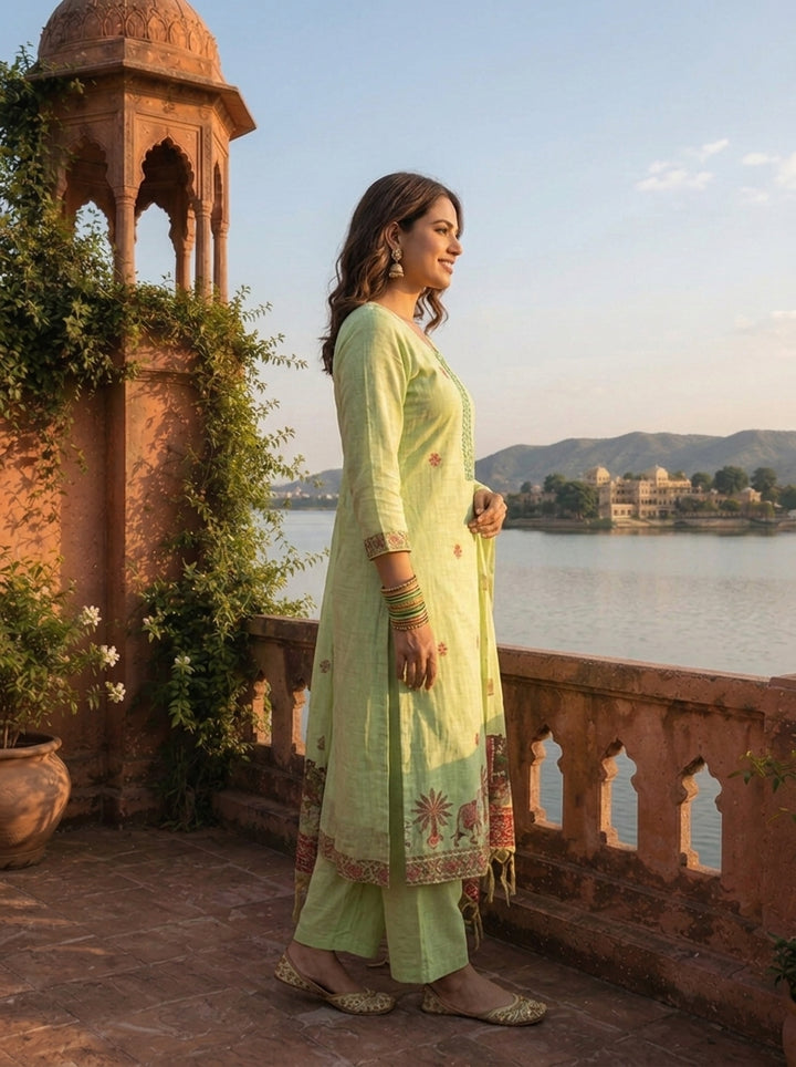 Pista Green Chanderi Silk Pichwai Motif Weaved Three Piece Set