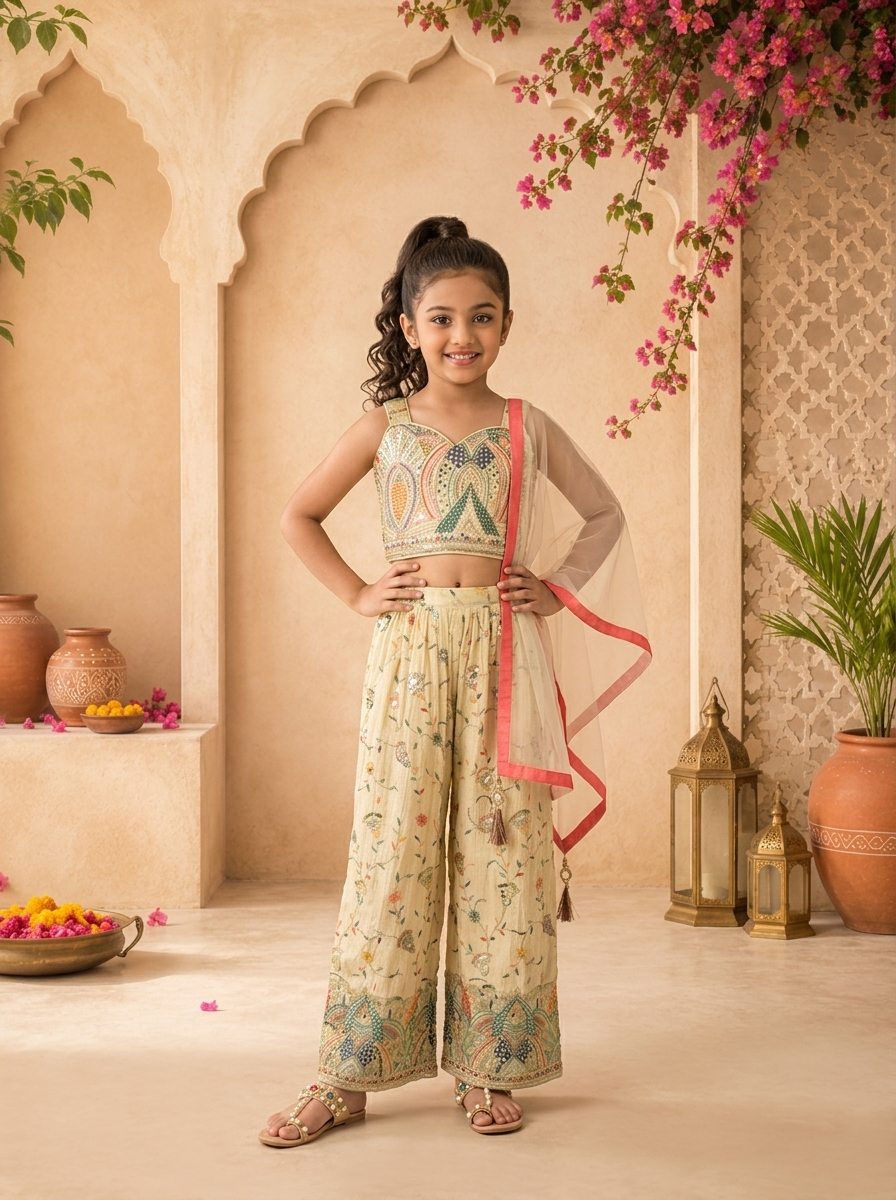Fawn Tissue Floral Thread Embroidered Palazzo Set