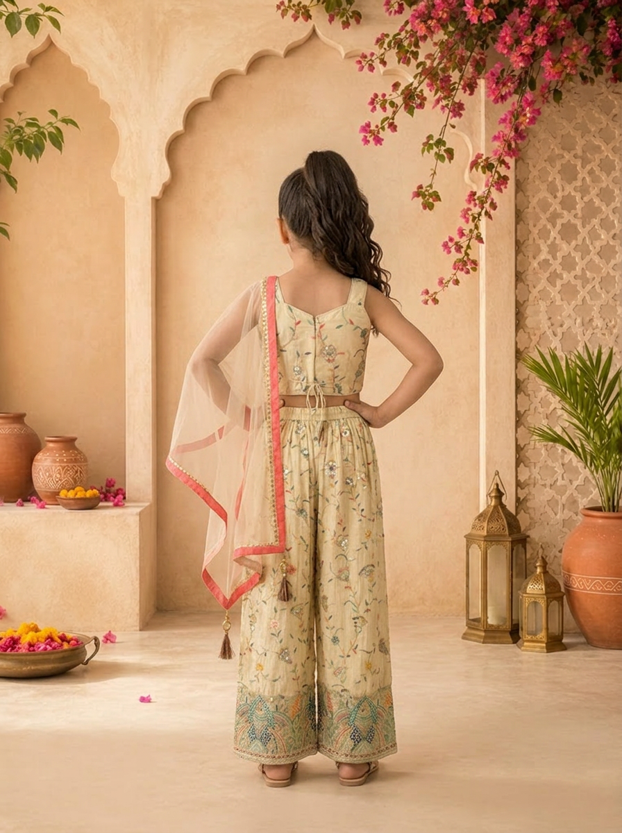 Fawn Tissue Floral Thread Embroidered Palazzo Set