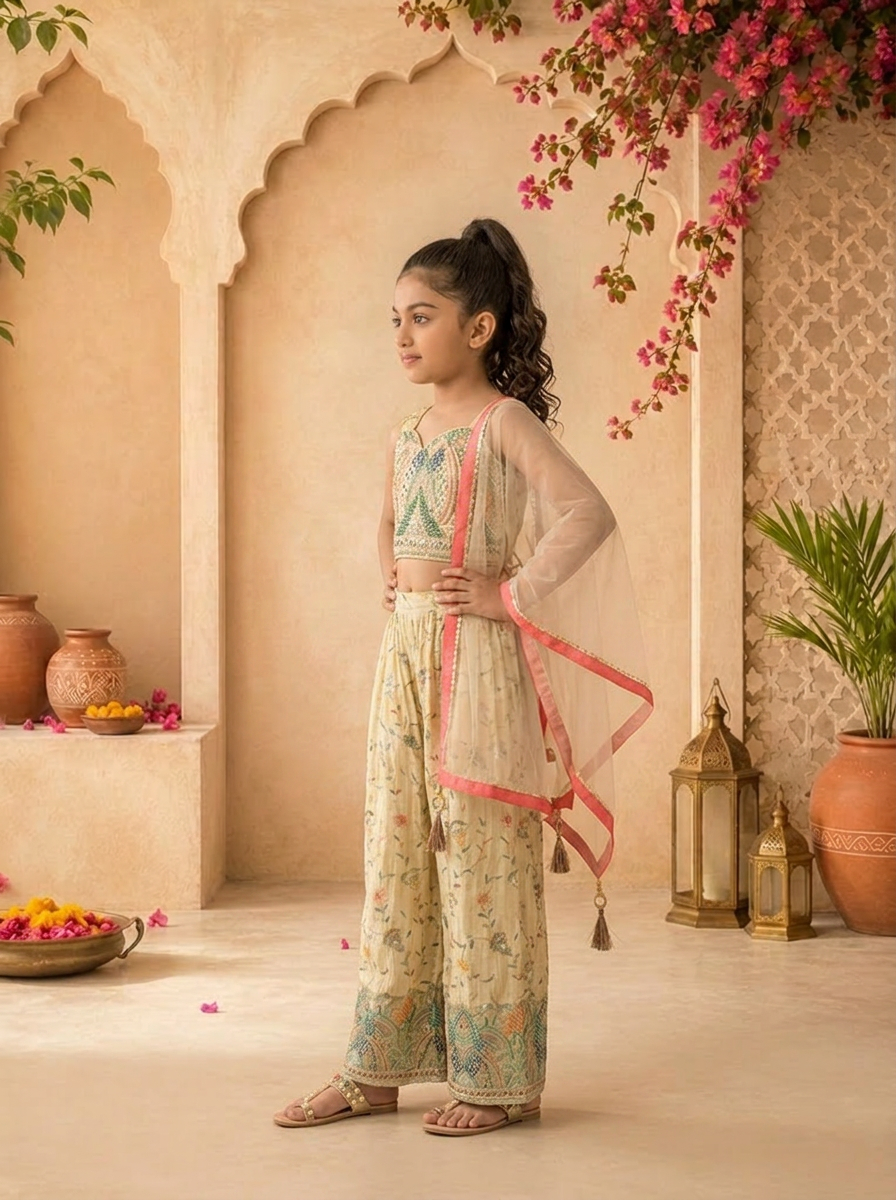 Fawn Tissue Floral Thread Embroidered Palazzo Set