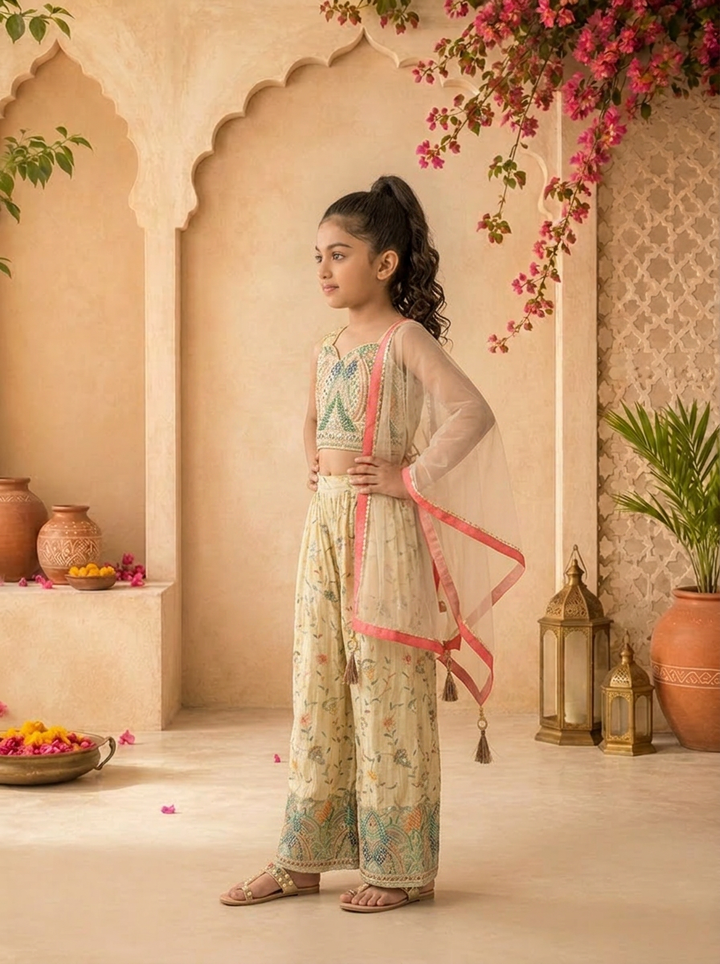 Fawn Tissue Floral Thread Embroidered Palazzo Set