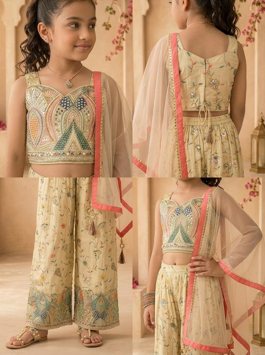 Fawn Tissue Floral Thread Embroidered Palazzo Set