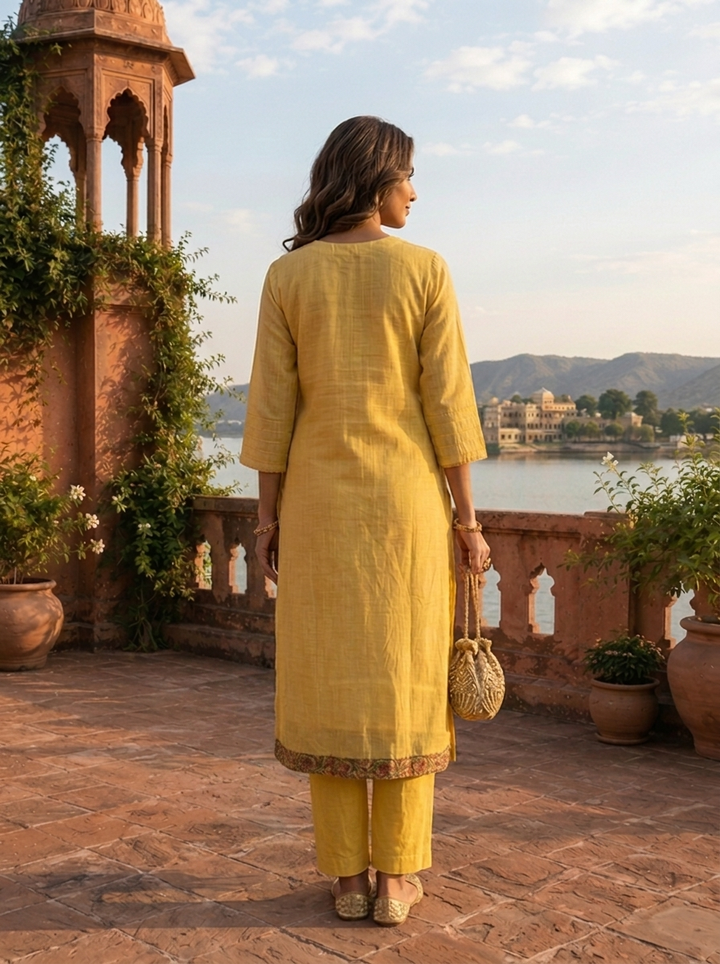Yellow Chanderi Silk Pichwai Motif Weaved Three Piece Set