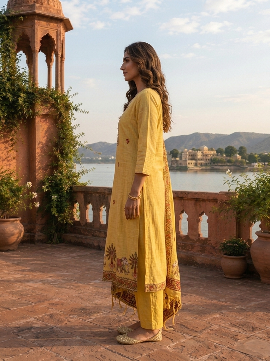 Yellow Chanderi Silk Pichwai Motif Weaved Three Piece Set
