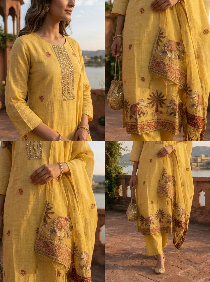Yellow Chanderi Silk Pichwai Motif Weaved Three Piece Set