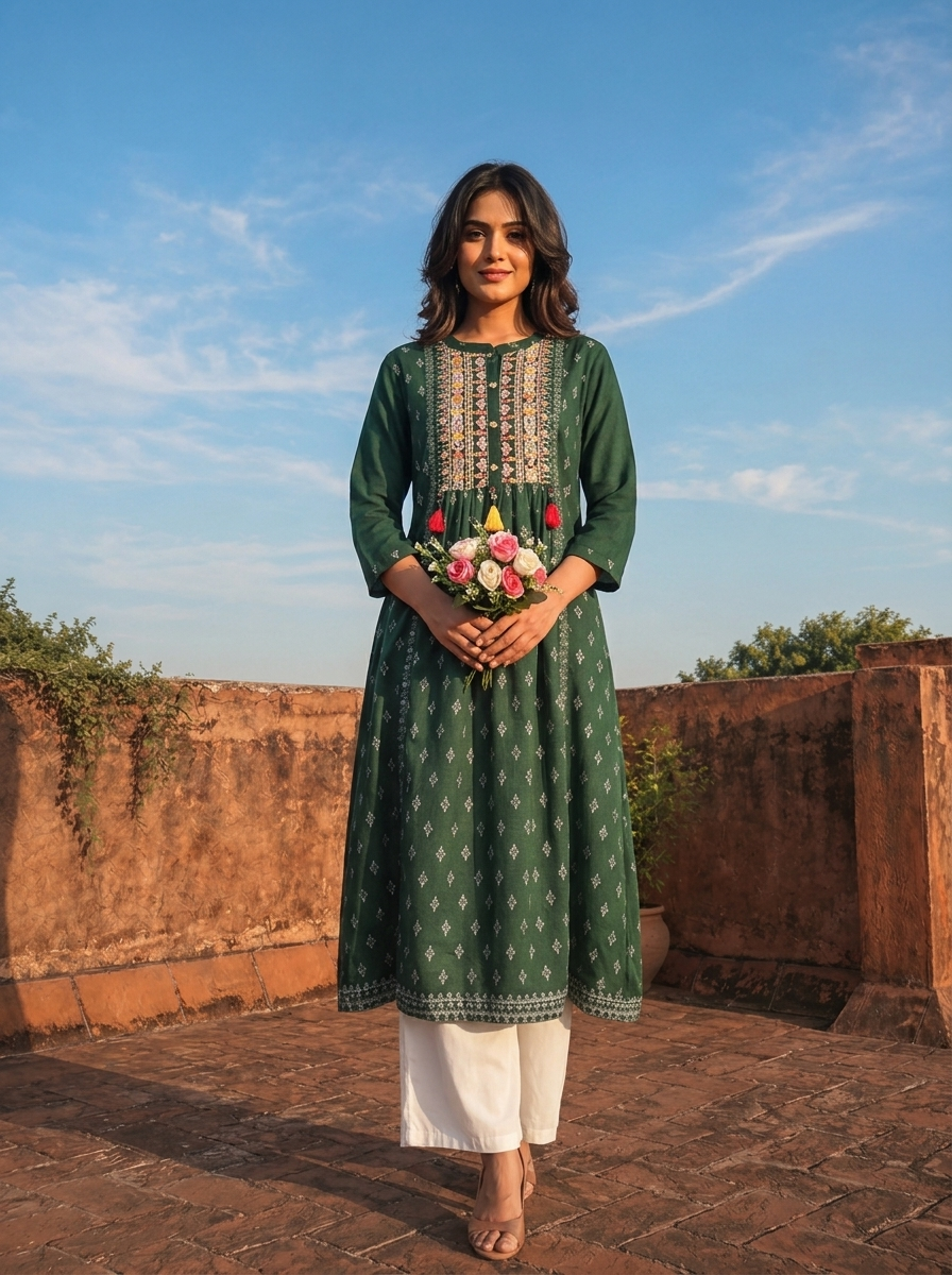Green Rayon Diamond Butti Printed Dress