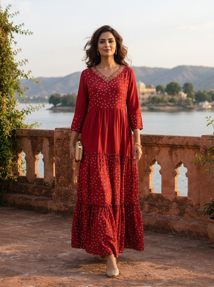 Maroon Muslin Micro Floral Butti Printed Dress