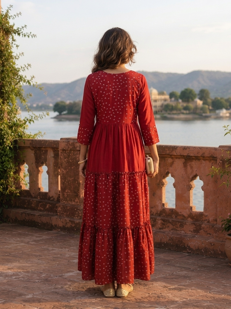 Maroon Muslin Micro Floral Butti Printed Dress