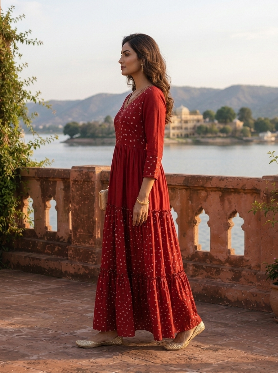 Maroon Muslin Micro Floral Butti Printed Dress