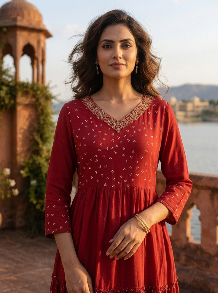 Maroon Muslin Micro Floral Butti Printed Dress