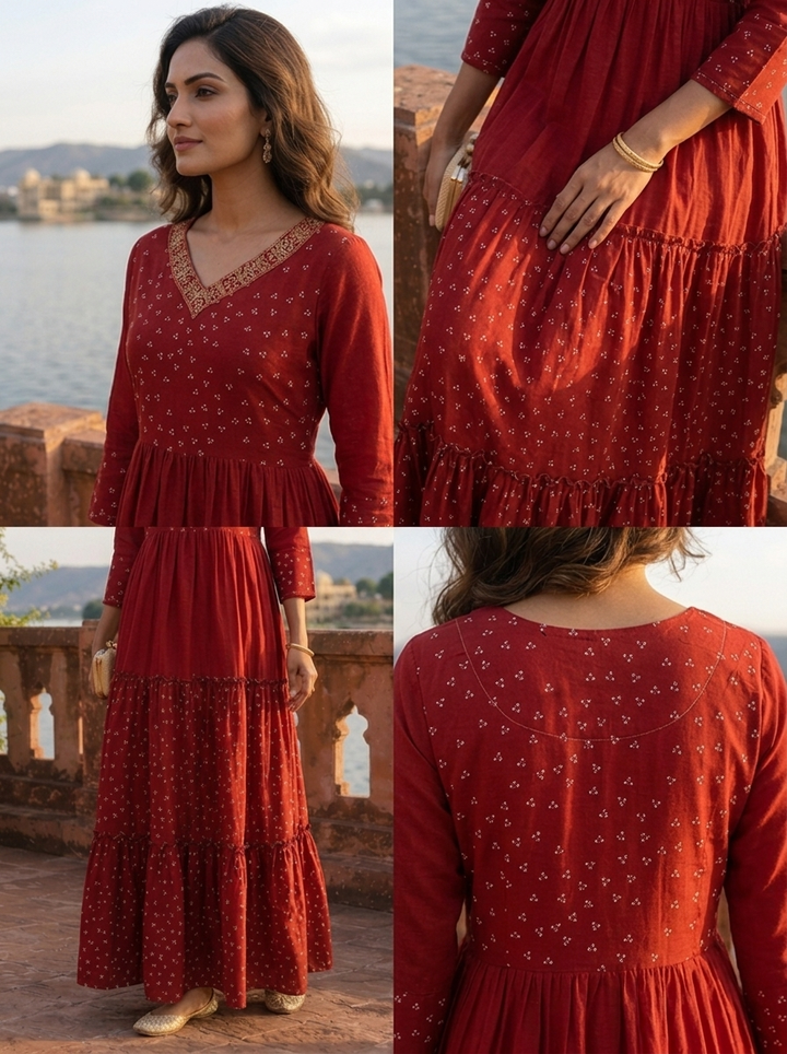 Maroon Muslin Micro Floral Butti Printed Dress