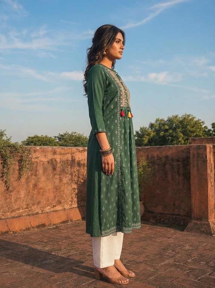 Green Rayon Diamond Butti Printed Dress