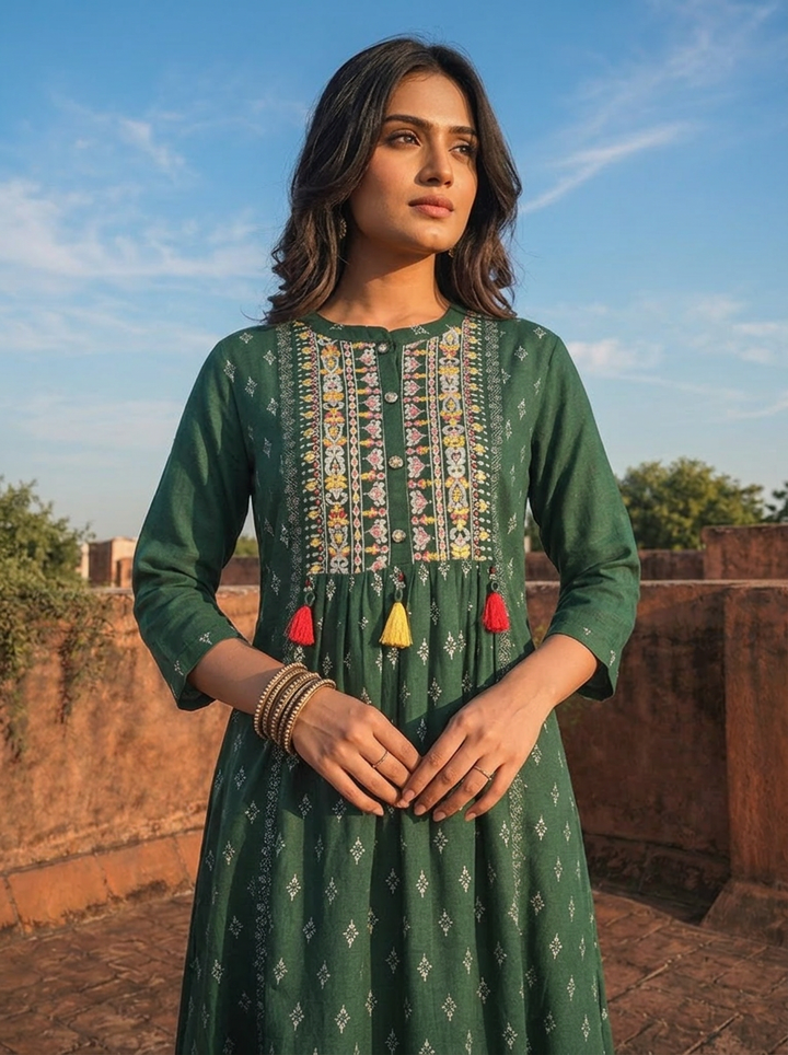Green Rayon Diamond Butti Printed Dress