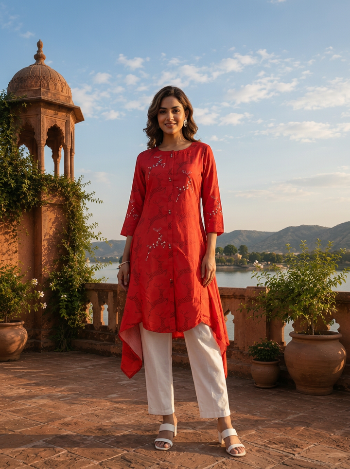 Red Muslin Quirky Animal Printed Kurta