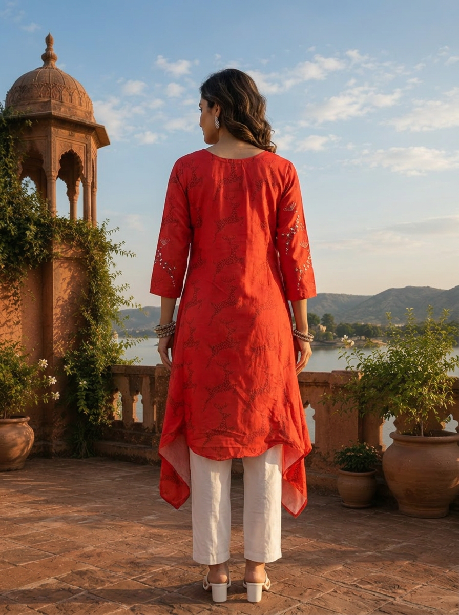 Red Muslin Quirky Animal Printed Kurta