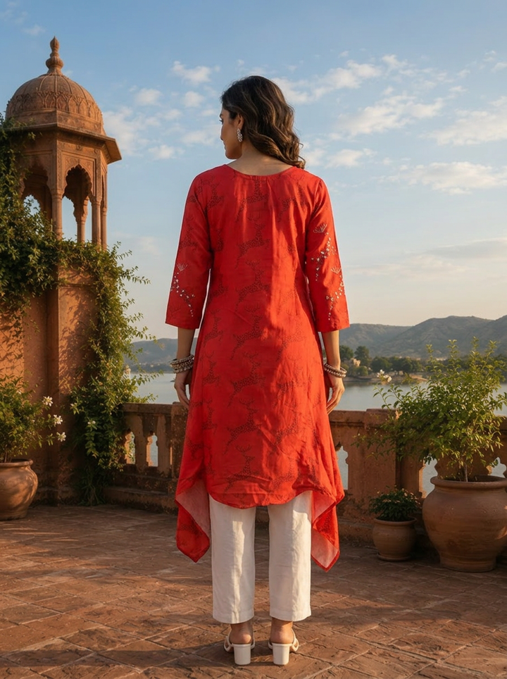 Red Muslin Quirky Animal Printed Kurta