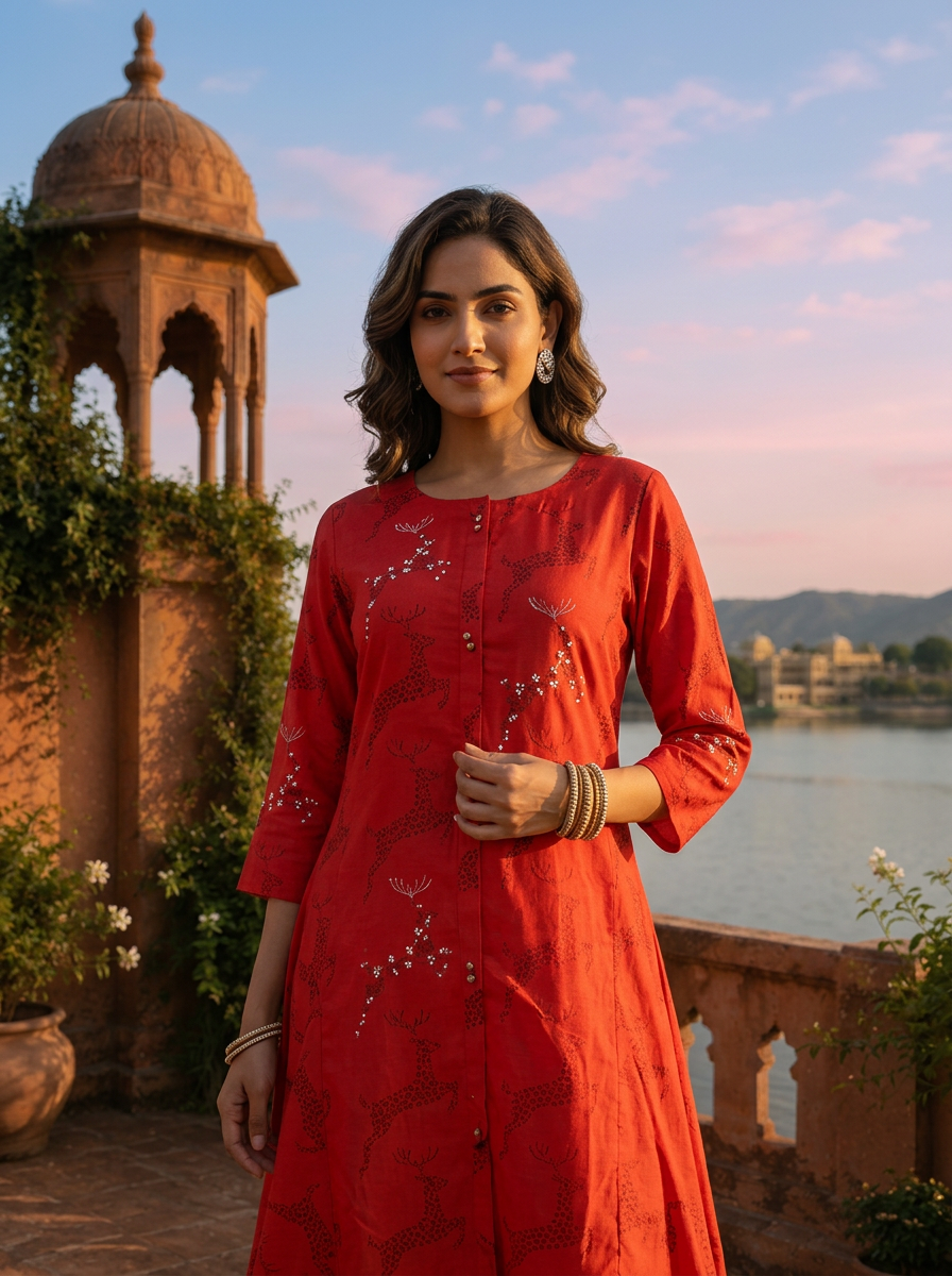 Red Muslin Quirky Animal Printed Kurta